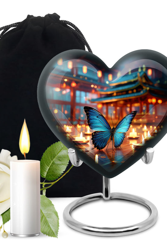 Misty Blue Butterfly Cremation Urn detail view - loving heart memorial featuring butterfly pattern - full-size 10 inch 200 cubic inch adult cremation urn