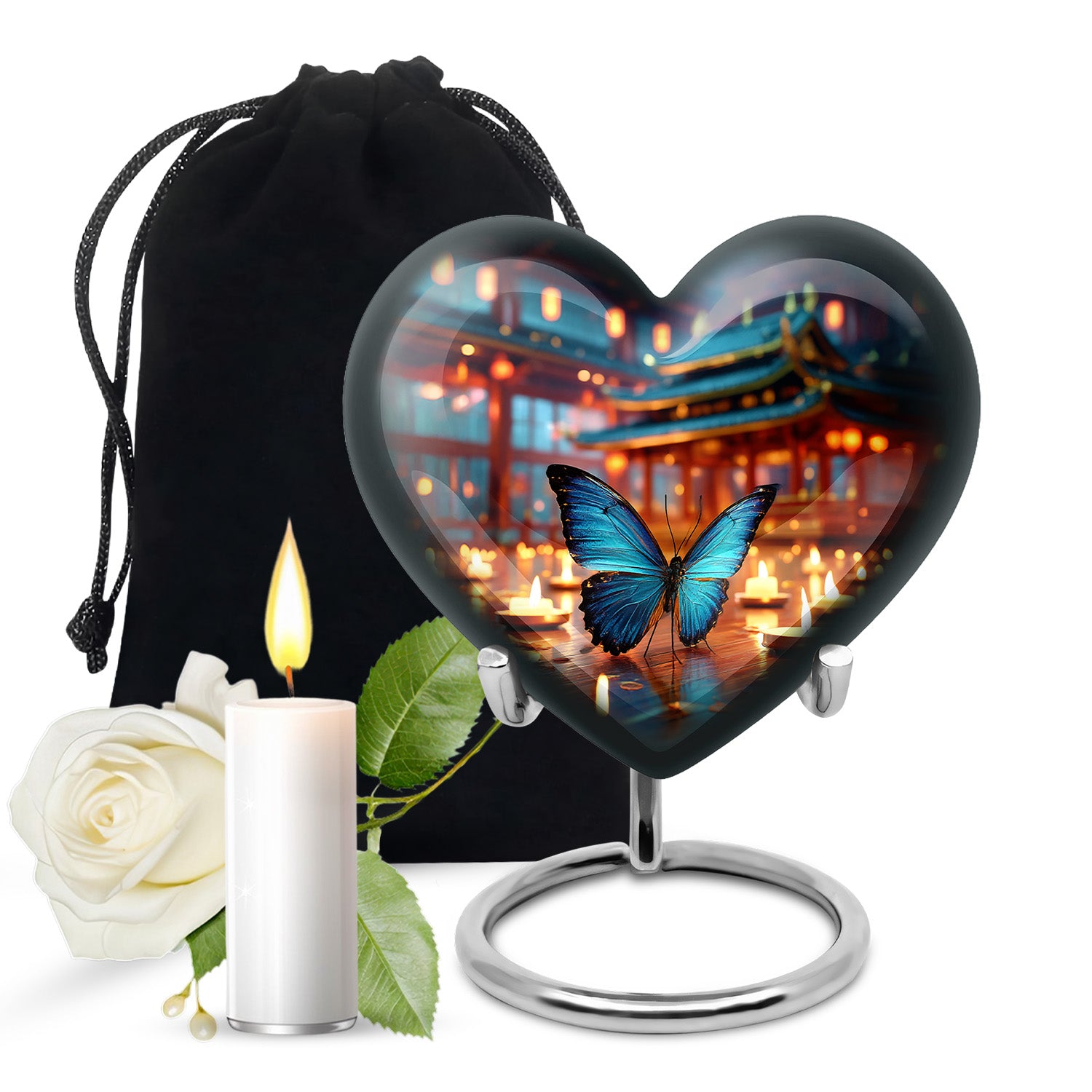 Misty Blue Butterfly Cremation Urn detail view - loving heart memorial featuring butterfly pattern - full-size 10 inch 200 cubic inch adult cremation urn