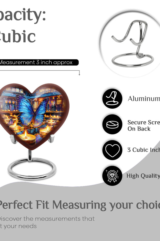 Storm Gray Butterfly Cremation Urn front view showing detailed design - romantic heart urn with butterfly motif on aluminum - mini keepsake memorial for portion of cremation ashes