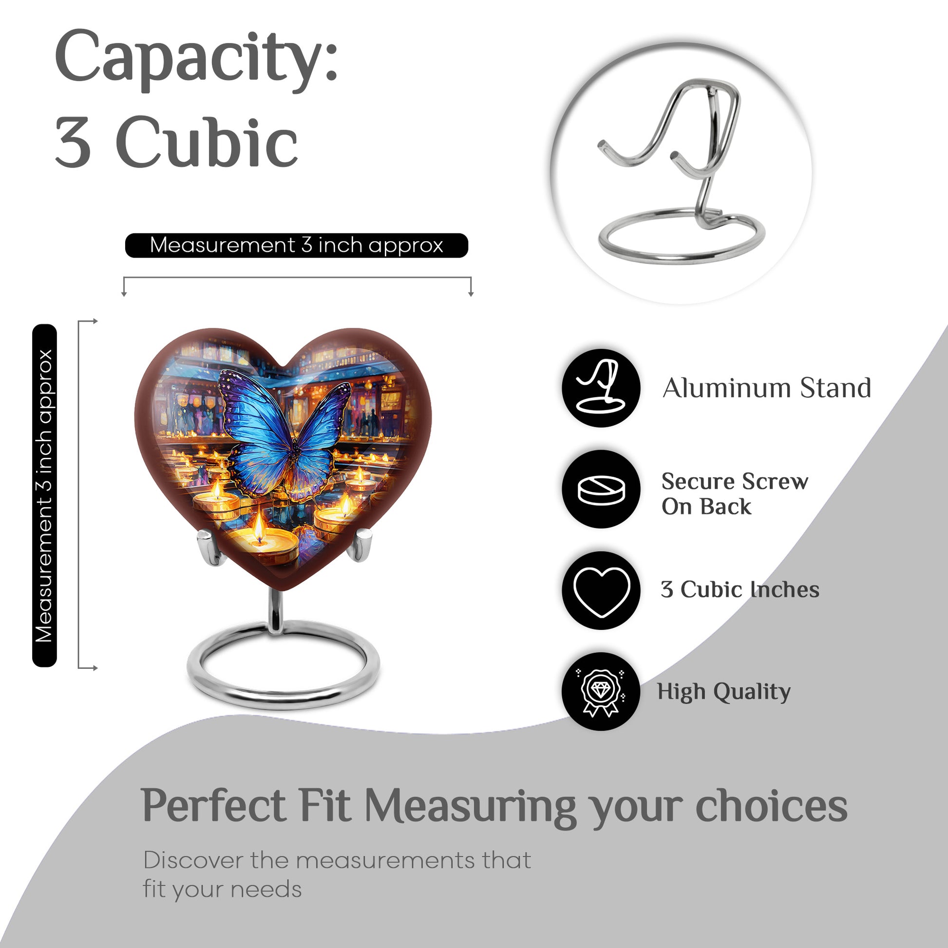 Storm Gray Butterfly Cremation Urn front view showing detailed design - romantic heart urn with butterfly motif on aluminum - mini keepsake memorial for portion of cremation ashes
