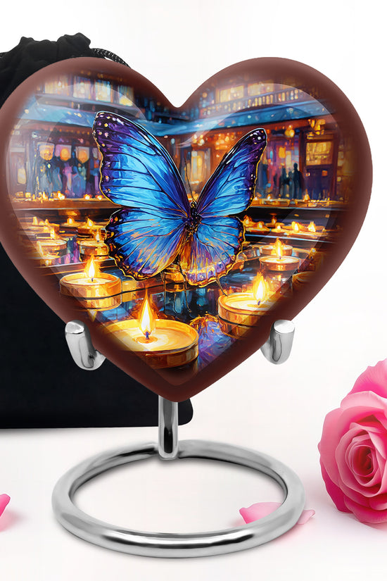Mist Gray Butterfly Cremation Urn detail view - loving heart memorial featuring butterfly pattern - full-size 10 inch 200 cubic inch adult cremation urn