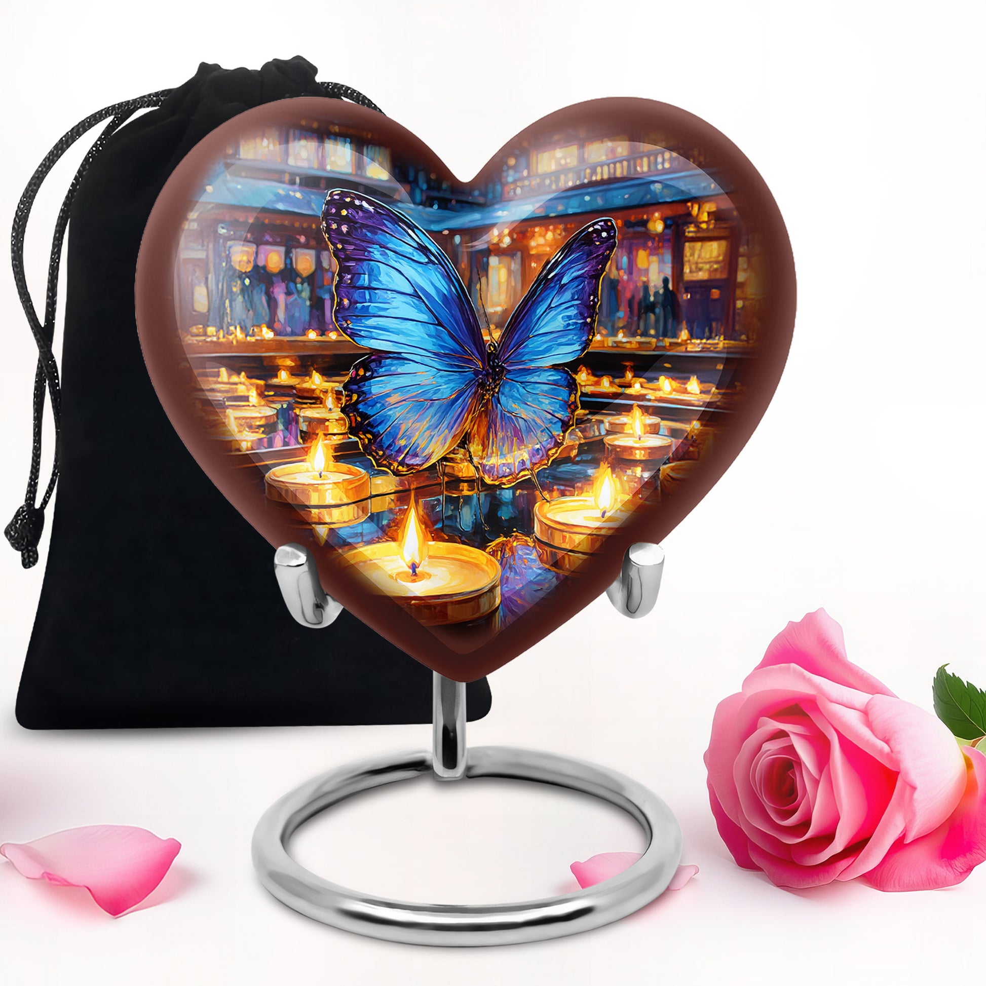 Mist Gray Butterfly Cremation Urn detail view - loving heart memorial featuring butterfly pattern - full-size 10 inch 200 cubic inch adult cremation urn