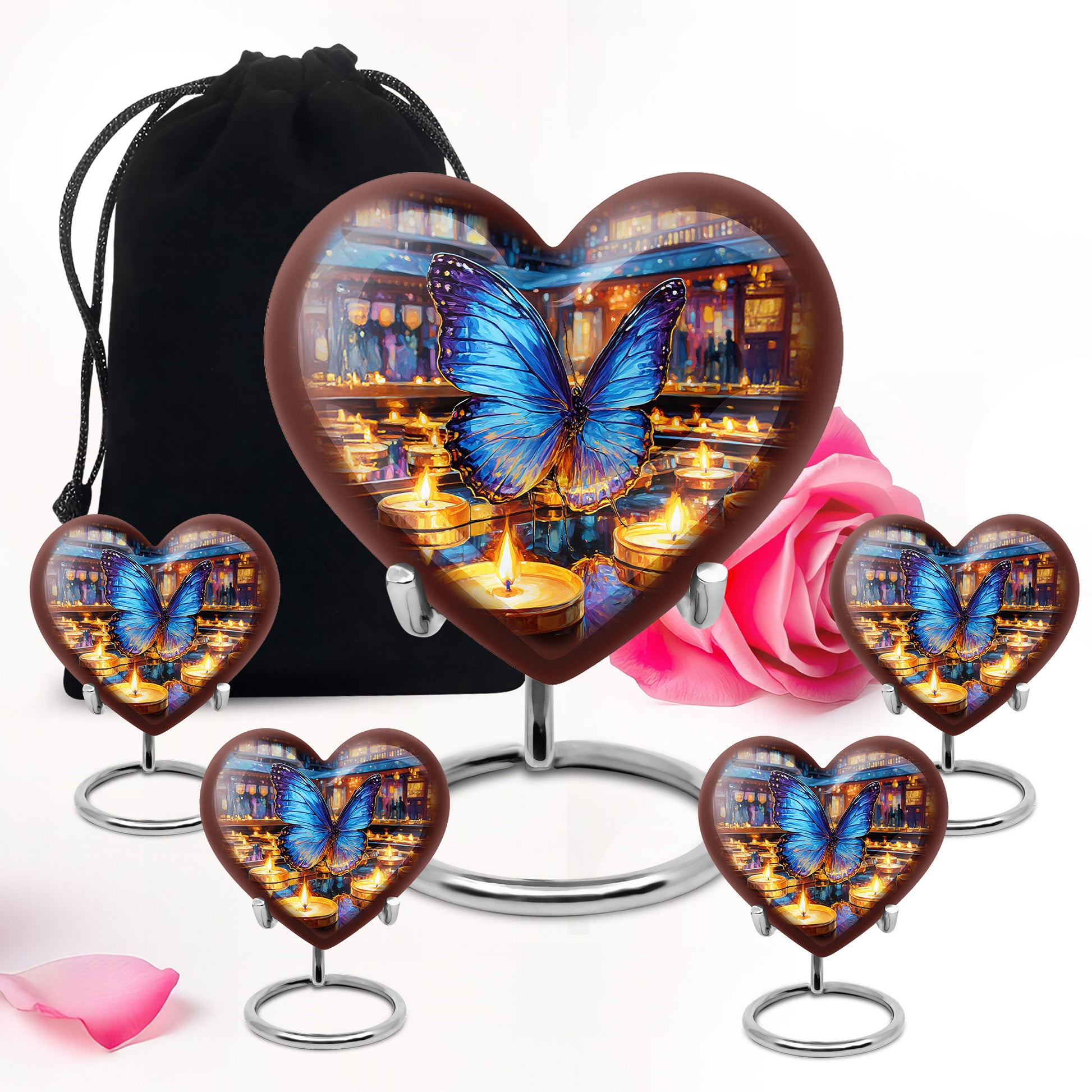 Mist Gray Butterfly Cremation Urn close-up of engraving and surface detail - heart-shaped butterfly design symbolizing eternal love - memorial set with one large and four small urns