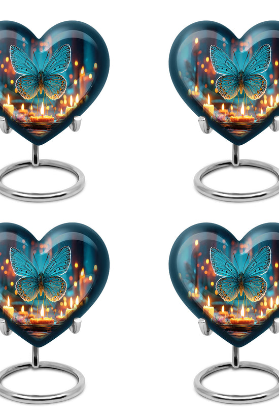 Steel Blue Butterfly Cremation Urn angled view of lid and engraved motif - compassionate heart-butterfly combination with gentle curves - 10 inch aluminum urn for cremated remains
