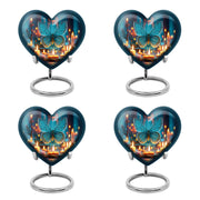 Steel Blue Butterfly Cremation Urn angled view of lid and engraved motif - compassionate heart-butterfly combination with gentle curves - 10 inch aluminum urn for cremated remains
