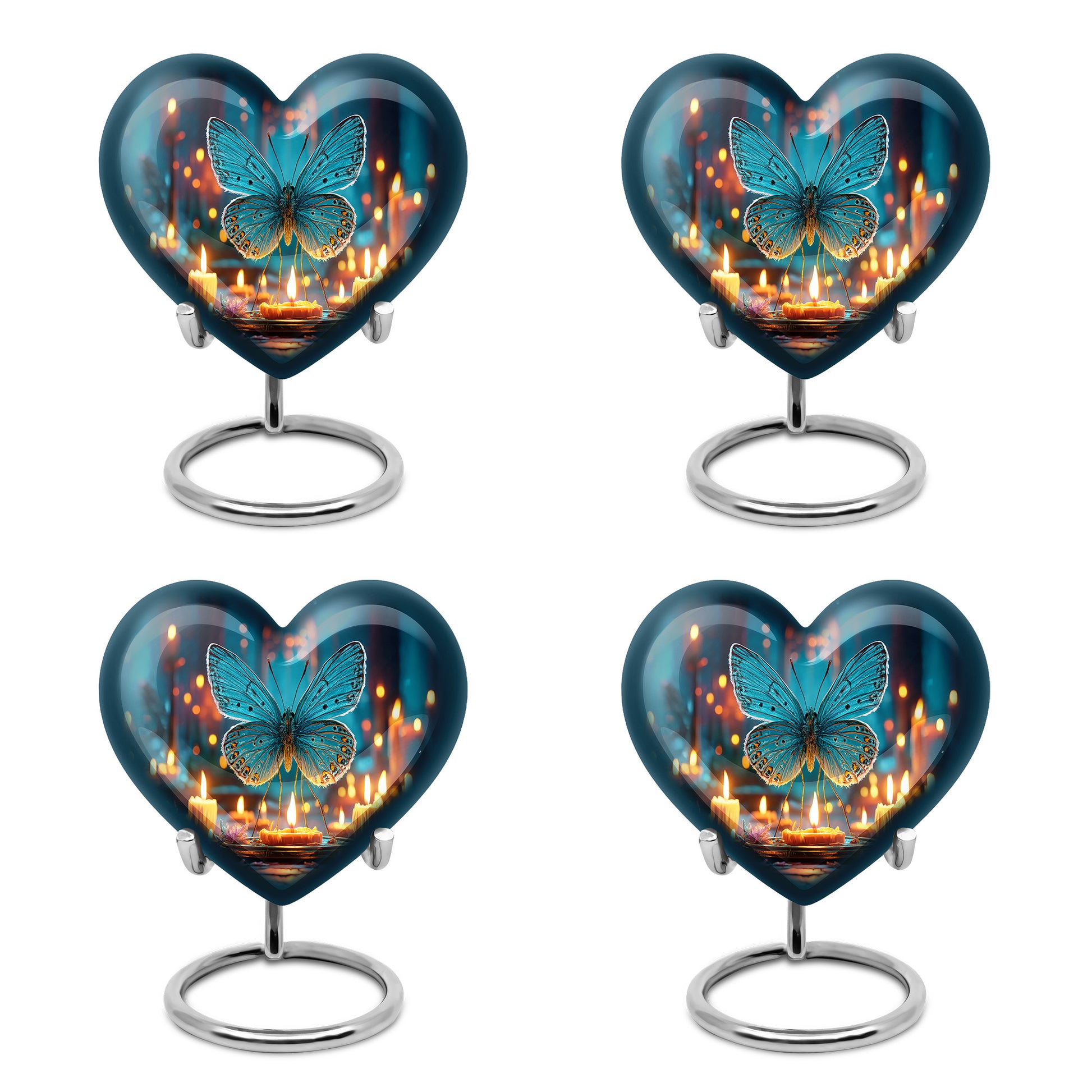 Steel Blue Butterfly Cremation Urn angled view of lid and engraved motif - compassionate heart-butterfly combination with gentle curves - 10 inch aluminum urn for cremated remains