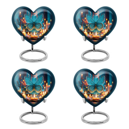 Steel Blue Butterfly Cremation Urn angled view of lid and engraved motif - compassionate heart-butterfly combination with gentle curves - 10 inch aluminum urn for cremated remains