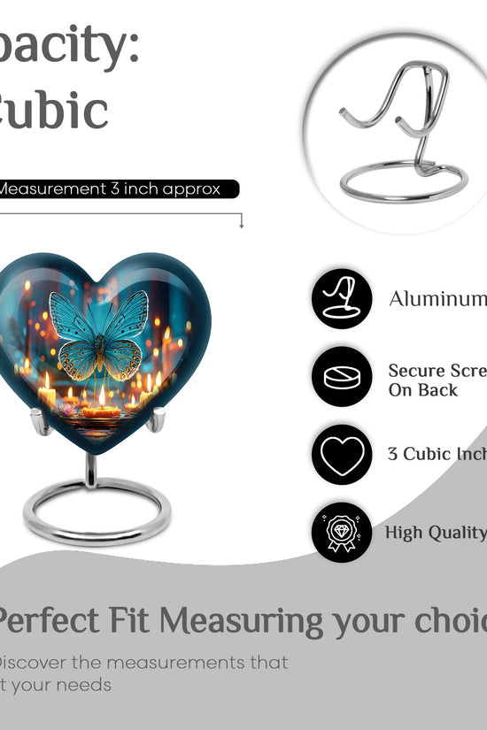 Icy Blue Butterfly Cremation Urn front view showing detailed design - heart-shaped butterfly design symbolizing eternal love - mini keepsake memorial for portion of cremation ashes