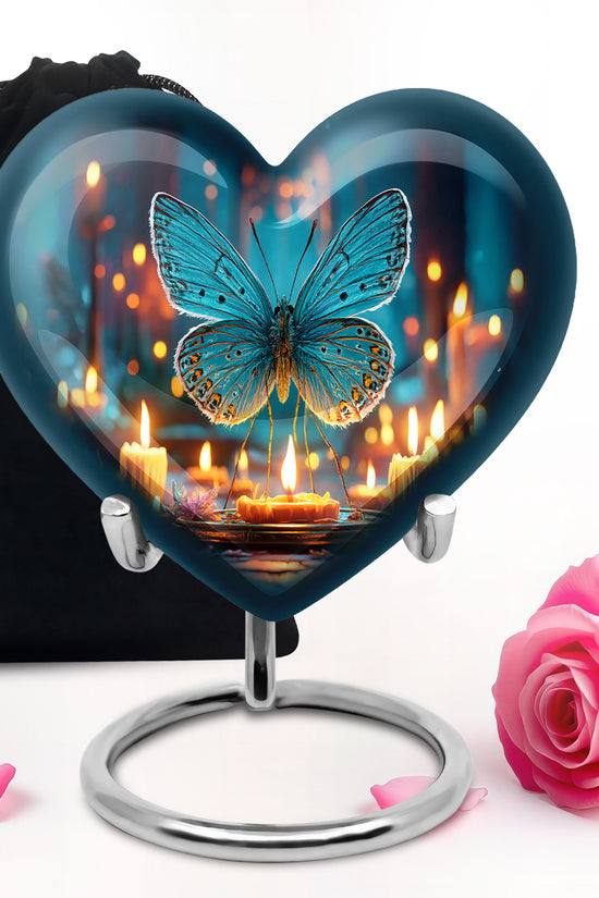 Royal Blue Butterfly Cremation Urn detail view - compassionate heart-butterfly combination with gentle curves - full-size 10 inch 200 cubic inch adult cremation urn