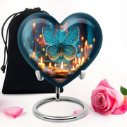 Royal Blue Butterfly Cremation Urn detail view - compassionate heart-butterfly combination with gentle curves - full-size 10 inch 200 cubic inch adult cremation urn