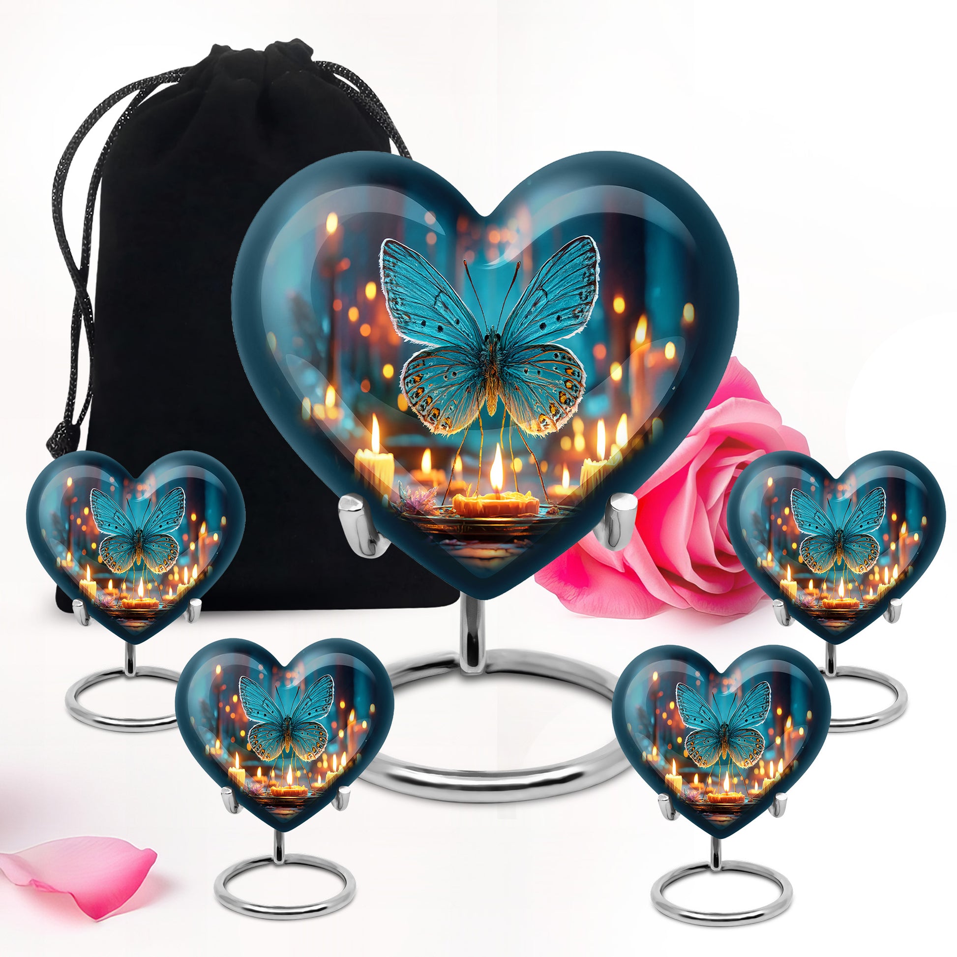 Calming Blue Butterfly Cremation Urn close-up of engraving and surface detail - romantic heart urn with butterfly motif on aluminum - memorial set with one large and four small urns