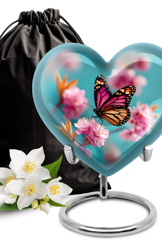 Pink Butterfly Funeral Urn - Floral Cremation Urn For Human Ashes