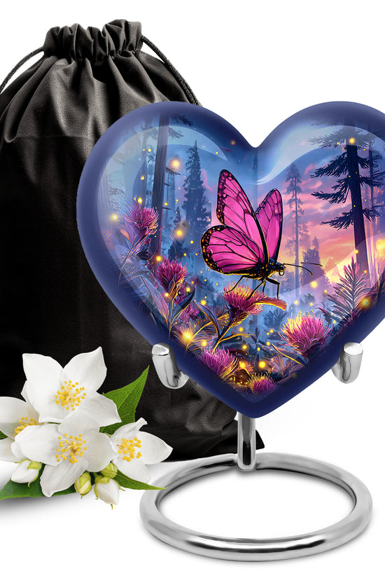 Pink Butterfly Forest Funeral Urn - Pink Flower Theme Cremation Urn For Burial