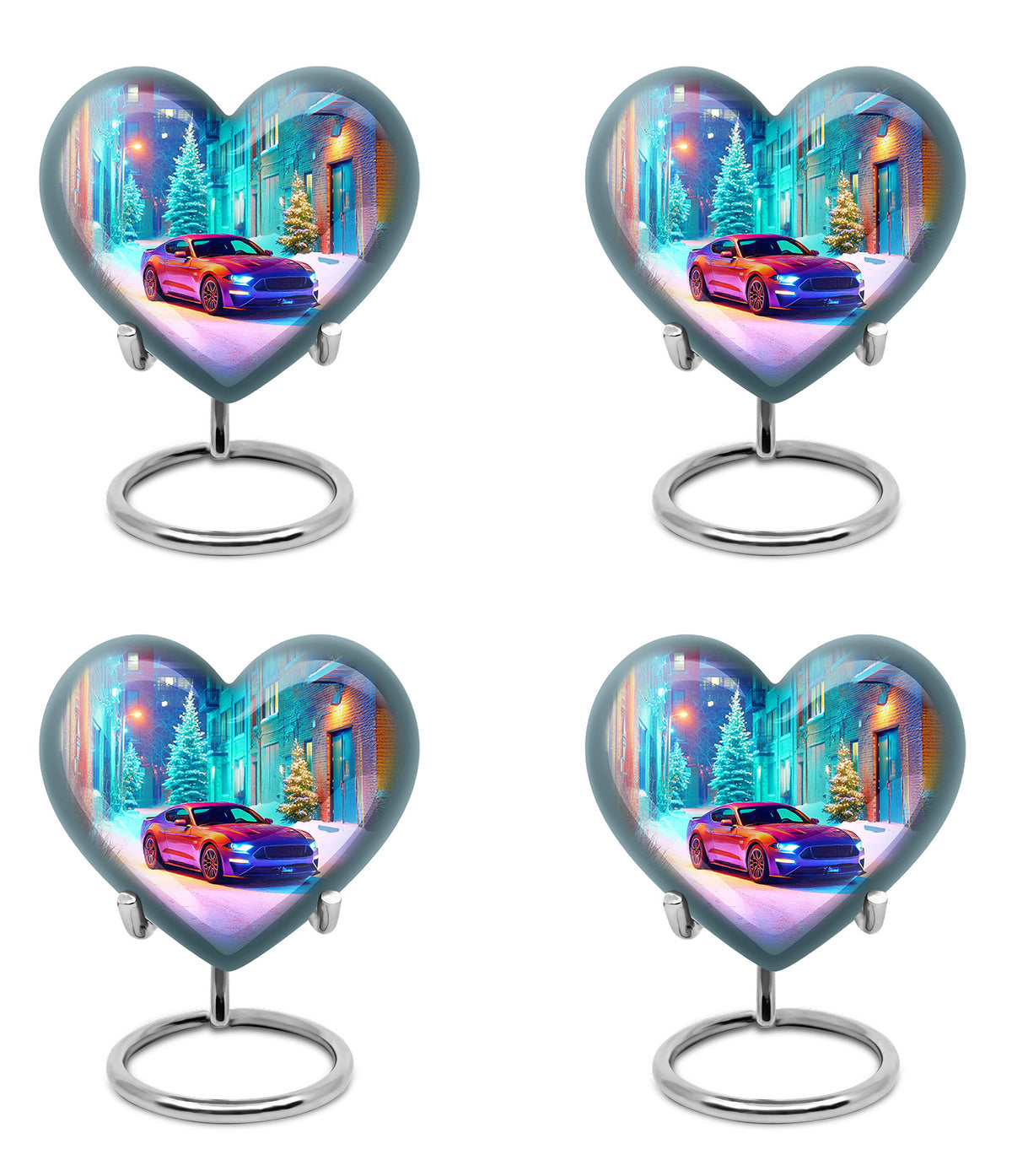 Slate Blue Car Cremation Urn angled view of lid and engraved motif - loving heart memorial featuring car pattern - 10 inch aluminum urn for cremated remains
