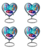 Slate Blue Car Cremation Urn angled view of lid and engraved motif - loving heart memorial featuring car pattern - 10 inch aluminum urn for cremated remains