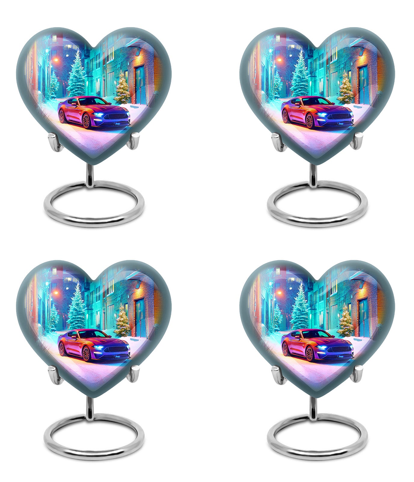Slate Blue Car Cremation Urn angled view of lid and engraved motif - loving heart memorial featuring car pattern - 10 inch aluminum urn for cremated remains