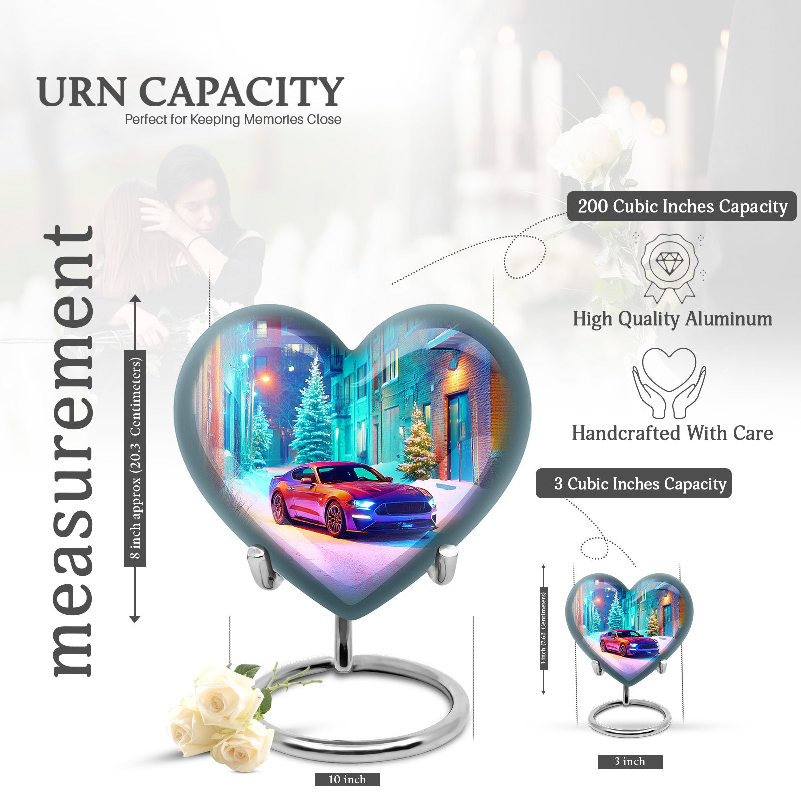 Dusty Blue Car Cremation Urn front view showing detailed design - heart-shaped car design symbolizing eternal love - mini keepsake memorial for portion of cremation ashes