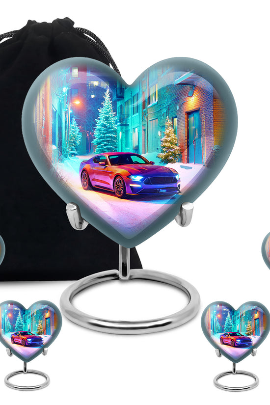 Celestial Blue Car Cremation Urn close-up of engraving and surface detail - heart-shaped car design symbolizing eternal love - memorial set with one large and four small urns