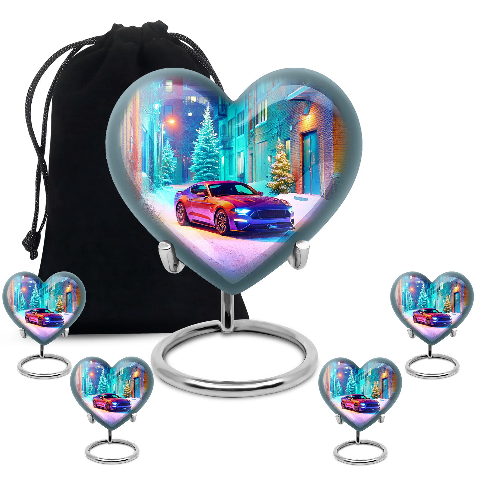 Celestial Blue Car Cremation Urn close-up of engraving and surface detail - heart-shaped car design symbolizing eternal love - memorial set with one large and four small urns
