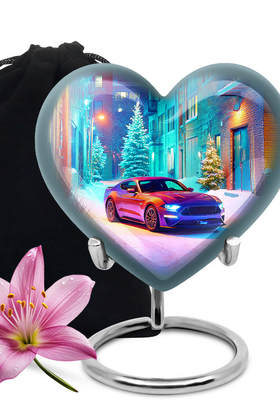 Celestial Blue Car Cremation Urn detail view - loving heart memorial featuring car pattern - full-size 10 inch 200 cubic inch adult cremation urn