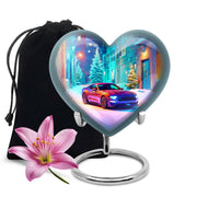 Celestial Blue Car Cremation Urn detail view - loving heart memorial featuring car pattern - full-size 10 inch 200 cubic inch adult cremation urn