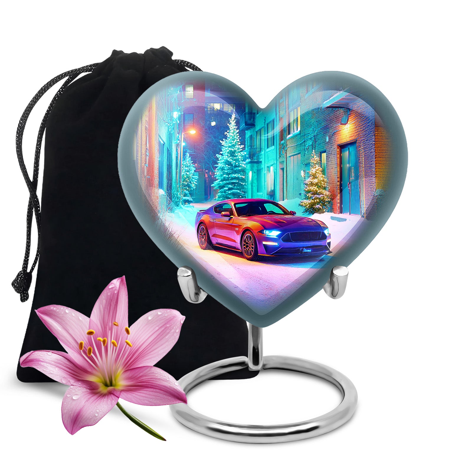 Celestial Blue Car Cremation Urn detail view - loving heart memorial featuring car pattern - full-size 10 inch 200 cubic inch adult cremation urn
