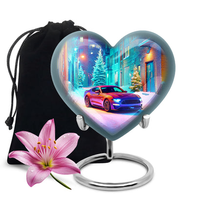 Celestial Blue Car Cremation Urn detail view - loving heart memorial featuring car pattern - full-size 10 inch 200 cubic inch adult cremation urn
