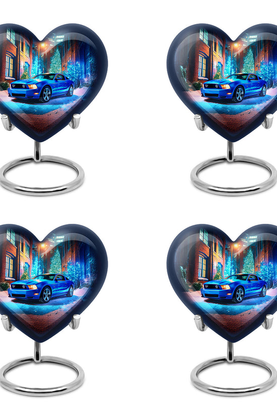 Sapphire Blue Car Cremation Urn angled view of lid and engraved motif - romantic heart urn with car motif on aluminum - 10 inch aluminum urn for cremated remains