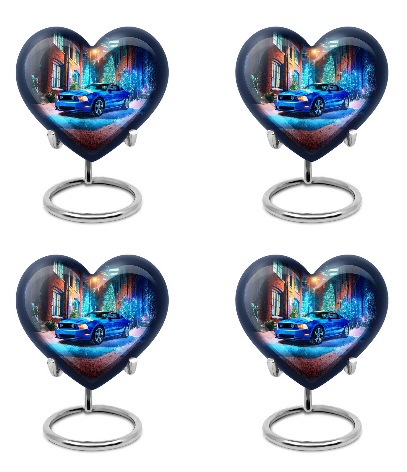 Sapphire Blue Car Cremation Urn angled view of lid and engraved motif - romantic heart urn with car motif on aluminum - 10 inch aluminum urn for cremated remains