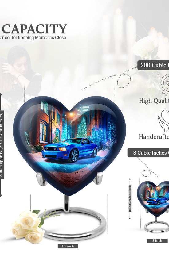 Vivid Blue Car Cremation Urn front view showing detailed design - compassionate heart-car combination with gentle curves - mini keepsake memorial for portion of cremation ashes