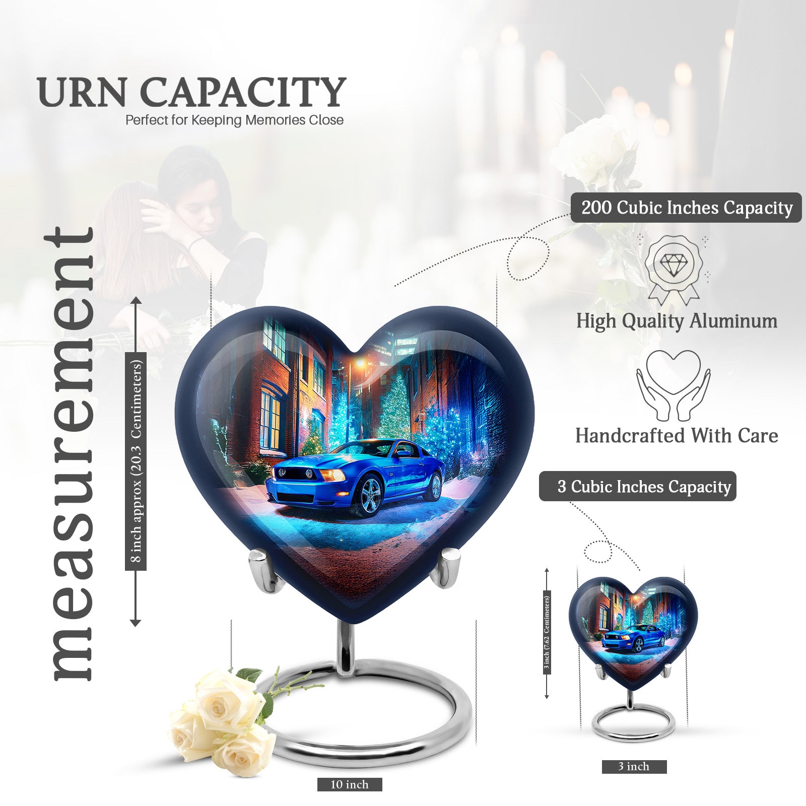 Vivid Blue Car Cremation Urn front view showing detailed design - compassionate heart-car combination with gentle curves - mini keepsake memorial for portion of cremation ashes
