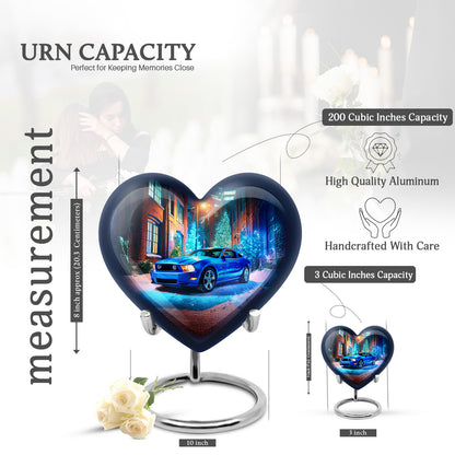 Vivid Blue Car Cremation Urn front view showing detailed design - compassionate heart-car combination with gentle curves - mini keepsake memorial for portion of cremation ashes