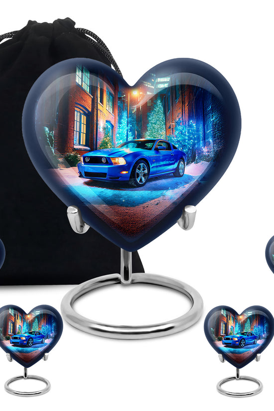 Indigo Car Cremation Urn close-up of engraving and surface detail - loving heart memorial featuring car pattern - memorial set with one large and four small urns