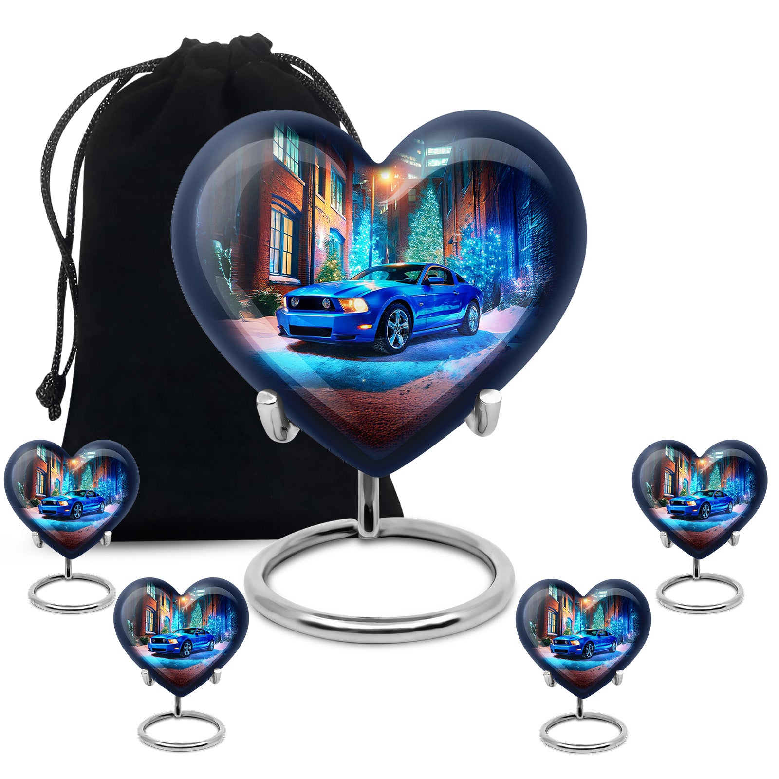 Indigo Car Cremation Urn close-up of engraving and surface detail - loving heart memorial featuring car pattern - memorial set with one large and four small urns