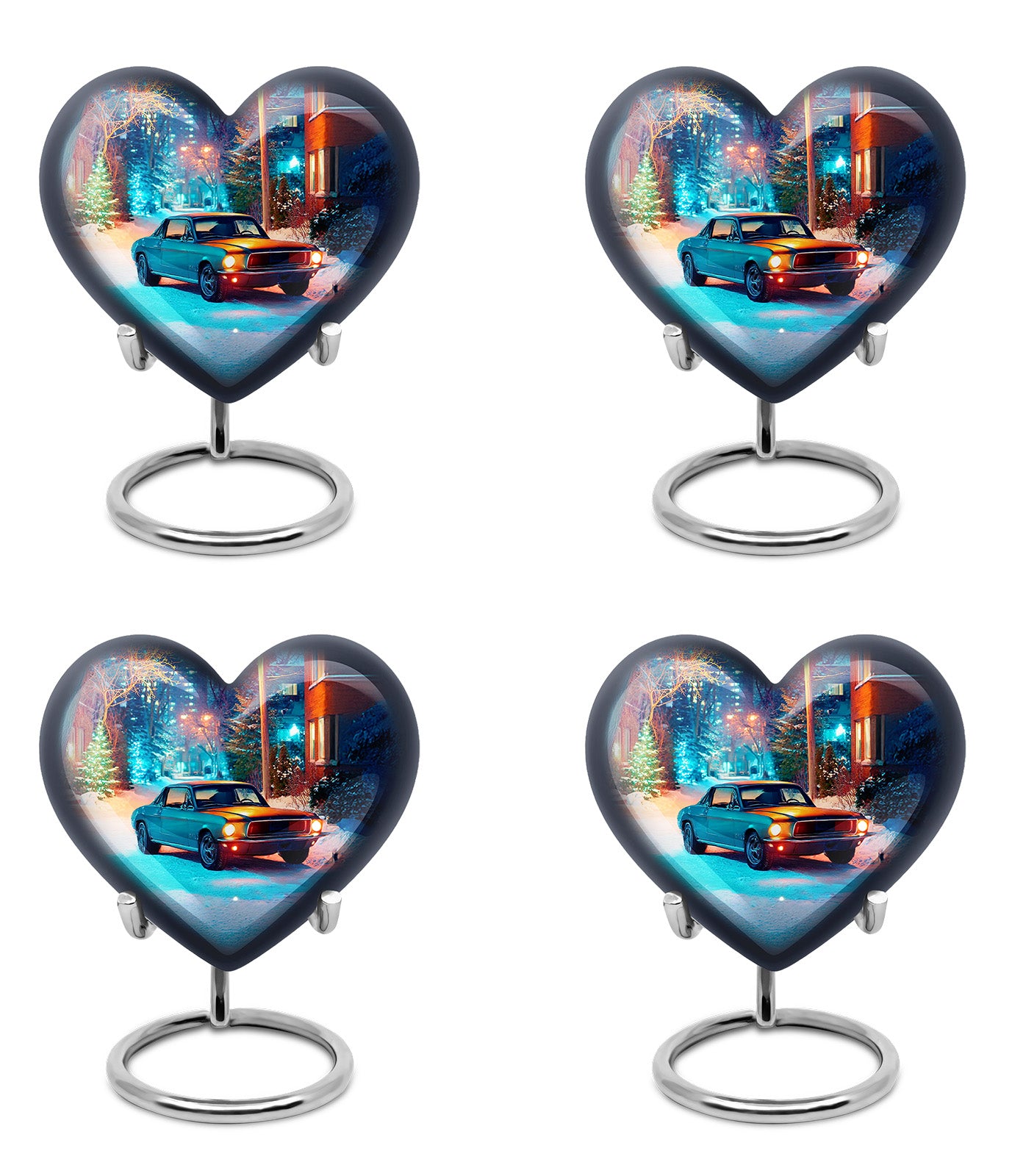 Storm Gray Car Cremation Urn angled view of lid and engraved motif - romantic heart urn with car motif on aluminum - 10 inch aluminum urn for cremated remains
