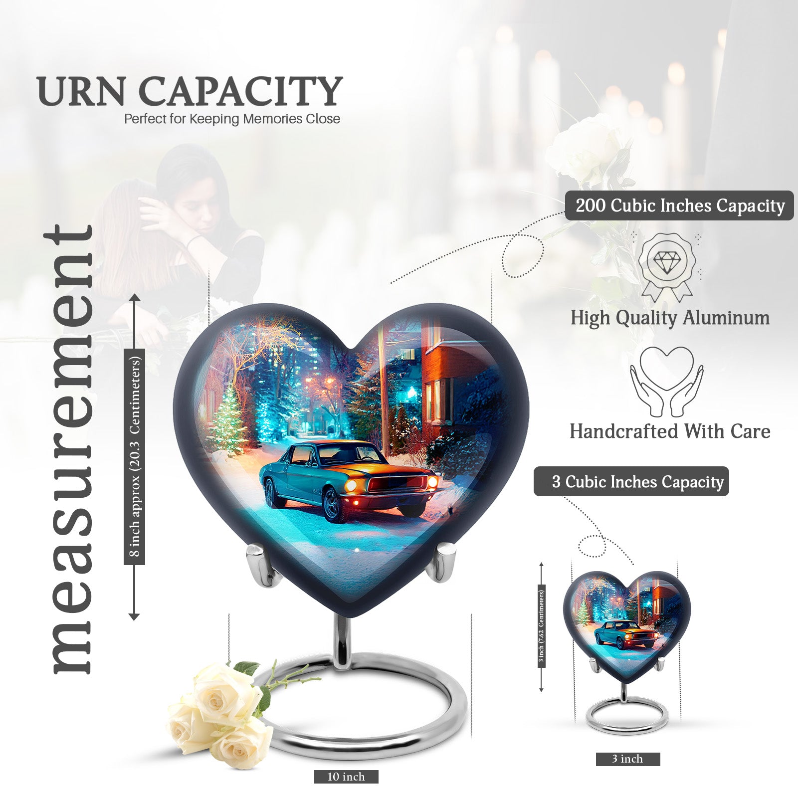 Dove Gray Car Cremation Urn front view showing detailed design - loving heart memorial featuring car pattern - mini keepsake memorial for portion of cremation ashes