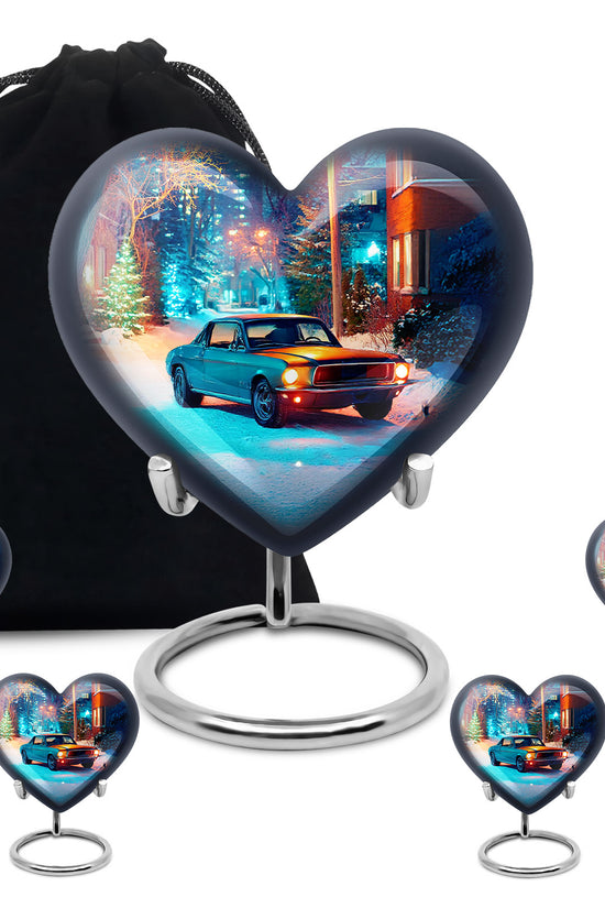 Silver Gray Car Cremation Urn close-up of engraving and surface detail - heart-shaped car design symbolizing eternal love - memorial set with one large and four small urns