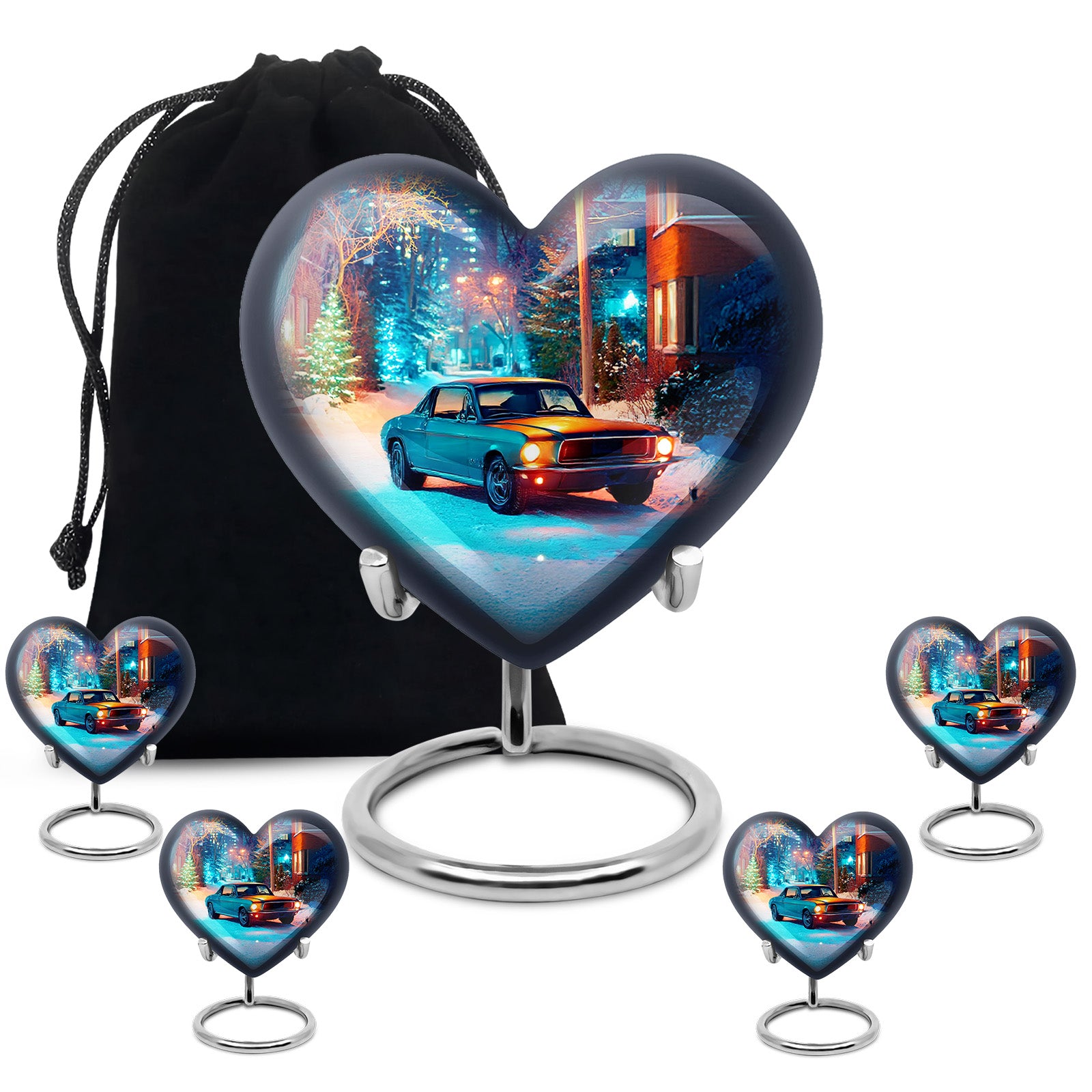 Silver Gray Car Cremation Urn close-up of engraving and surface detail - heart-shaped car design symbolizing eternal love - memorial set with one large and four small urns