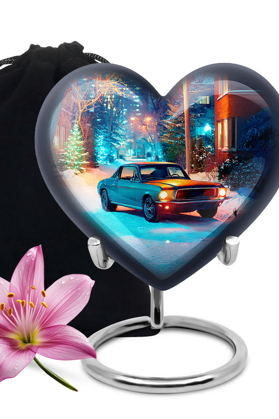 Mist Gray Car Cremation Urn detail view - loving heart memorial featuring car pattern - full-size 10 inch 200 cubic inch adult cremation urn
