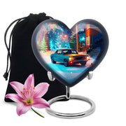 Mist Gray Car Cremation Urn detail view - loving heart memorial featuring car pattern - full-size 10 inch 200 cubic inch adult cremation urn