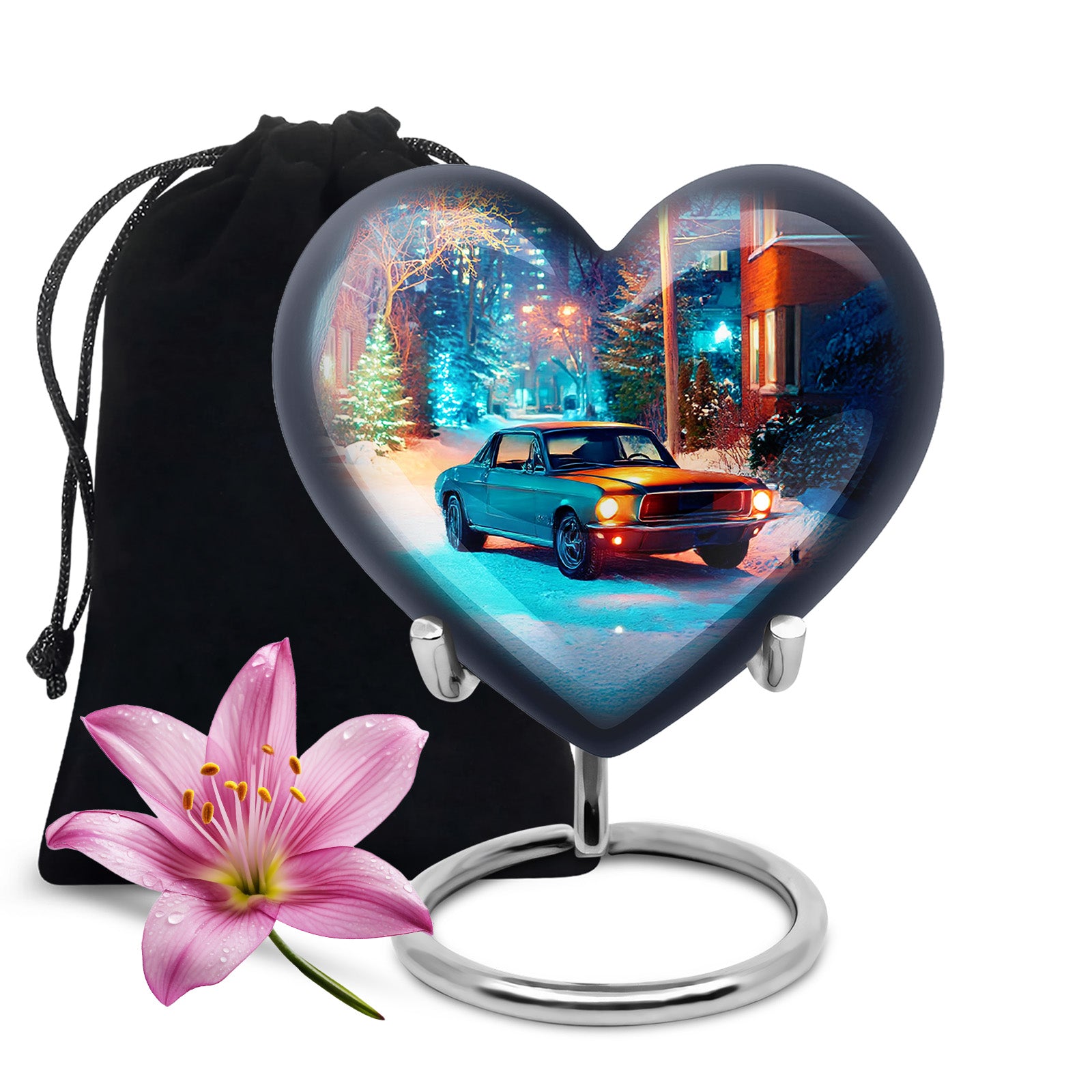 Mist Gray Car Cremation Urn detail view - loving heart memorial featuring car pattern - full-size 10 inch 200 cubic inch adult cremation urn