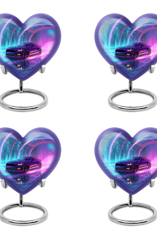 Cobalt Blue Car Cremation Urn angled view of lid and engraved motif - romantic heart urn with car motif on aluminum - 10 inch aluminum urn for cremated remains