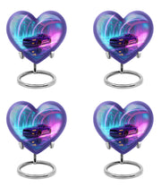 Cobalt Blue Car Cremation Urn angled view of lid and engraved motif - romantic heart urn with car motif on aluminum - 10 inch aluminum urn for cremated remains