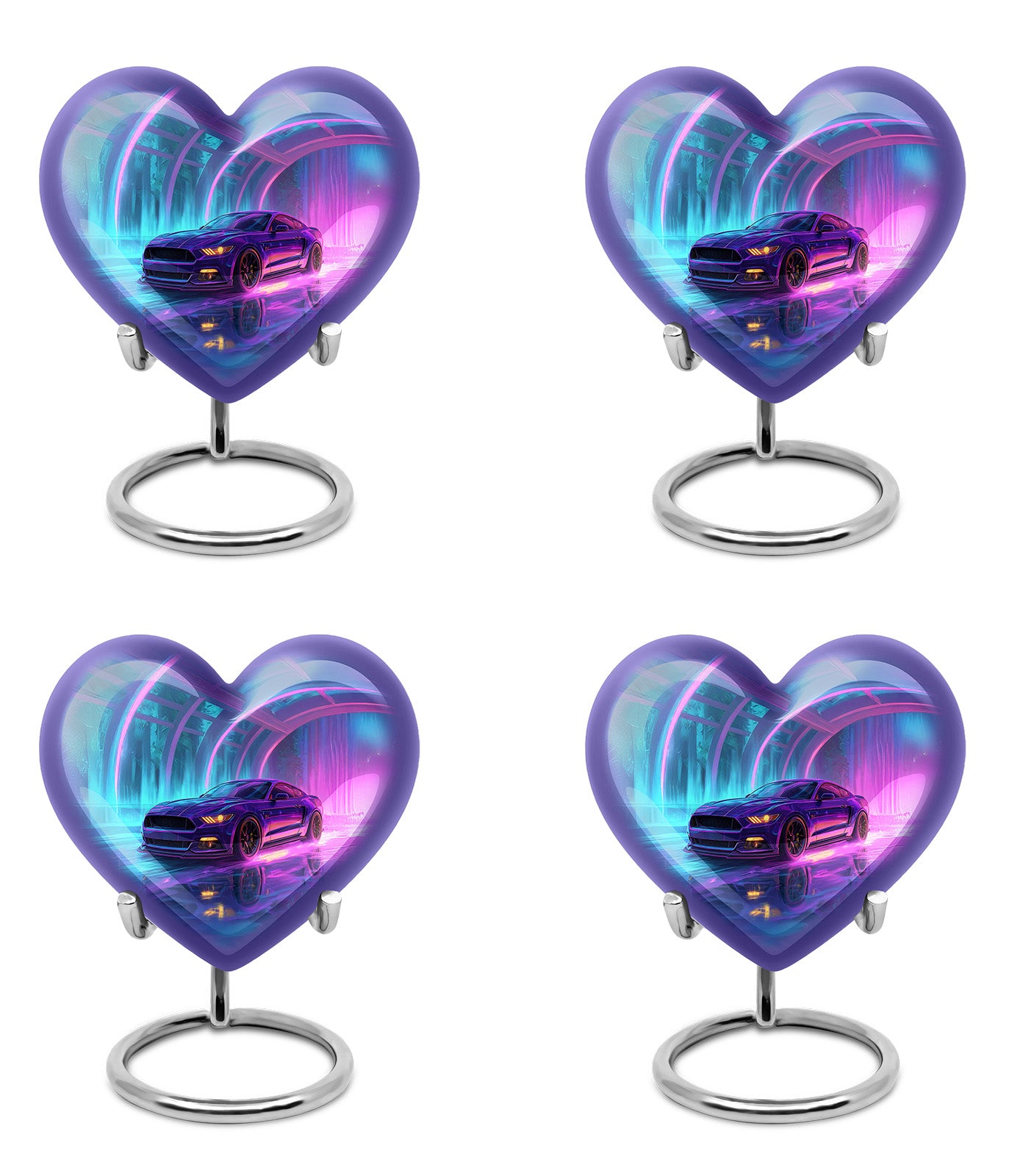 Cobalt Blue Car Cremation Urn angled view of lid and engraved motif - romantic heart urn with car motif on aluminum - 10 inch aluminum urn for cremated remains