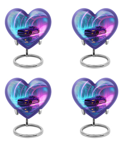 Cobalt Blue Car Cremation Urn angled view of lid and engraved motif - romantic heart urn with car motif on aluminum - 10 inch aluminum urn for cremated remains