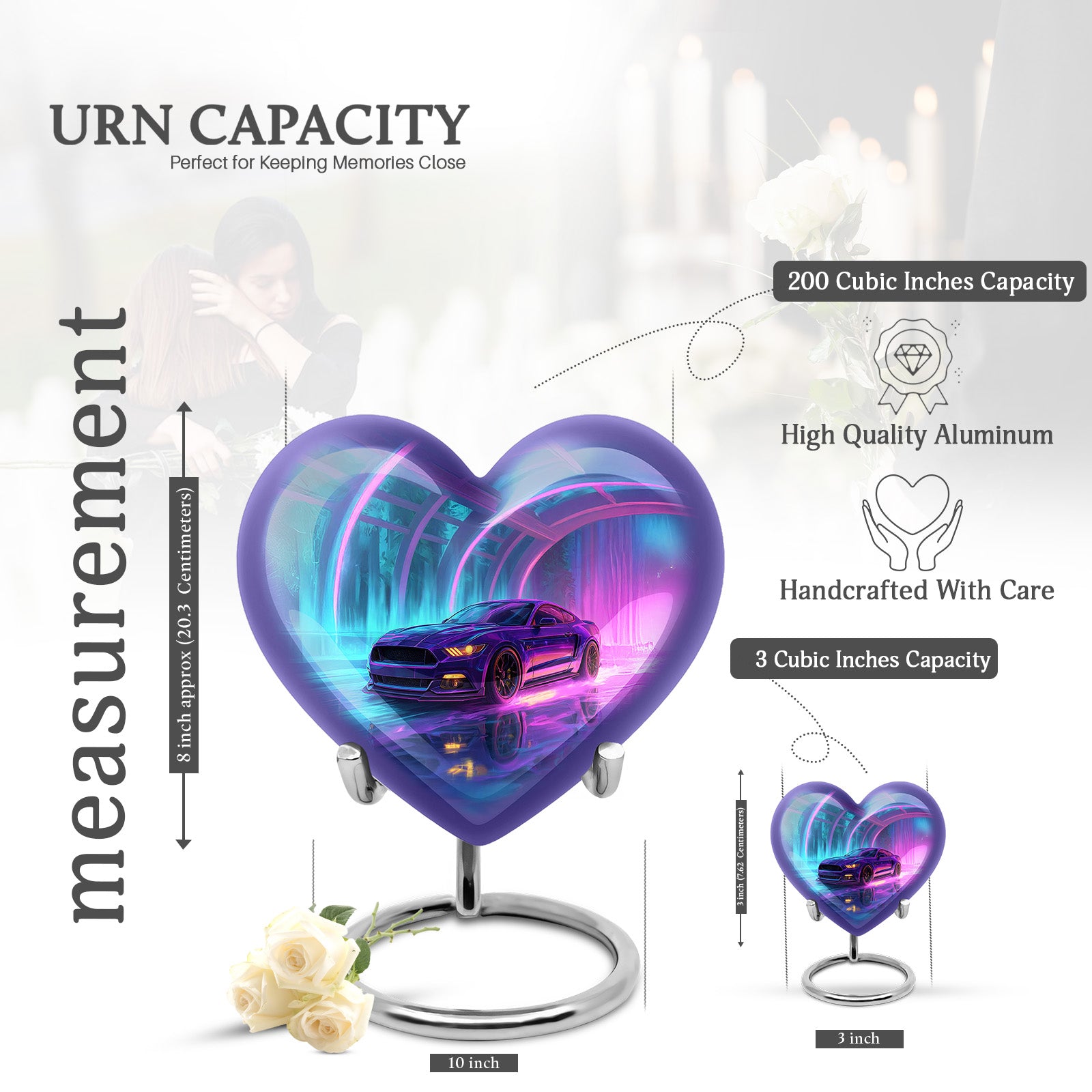 Sky Blue Car Cremation Urn front view showing detailed design - loving heart memorial featuring car pattern - mini keepsake memorial for portion of cremation ashes
