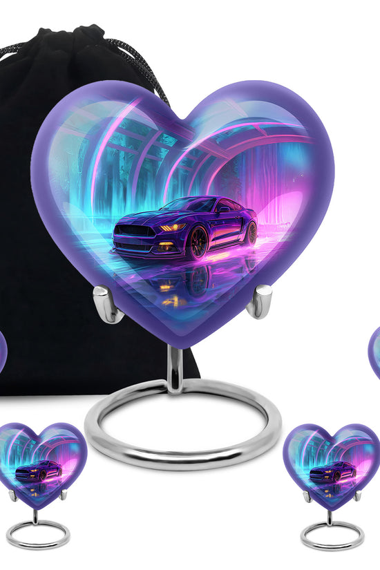 Sapphire Blue Car Cremation Urn close-up of engraving and surface detail - romantic heart urn with car motif on aluminum - memorial set with one large and four small urns