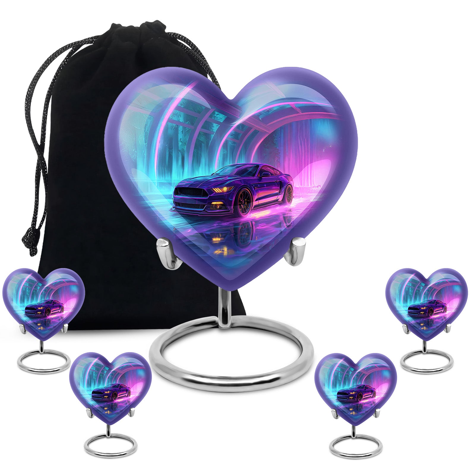 Sapphire Blue Car Cremation Urn close-up of engraving and surface detail - romantic heart urn with car motif on aluminum - memorial set with one large and four small urns