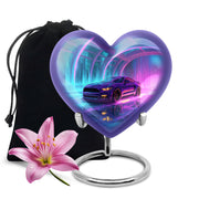 Dusty Blue Car Cremation Urn detail view - loving heart memorial featuring car pattern - full-size 10 inch 200 cubic inch adult cremation urn
