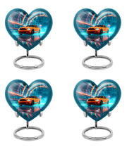 Indigo Car Cremation Urn angled view of lid and engraved motif - loving heart memorial featuring car pattern - 10 inch aluminum urn for cremated remains